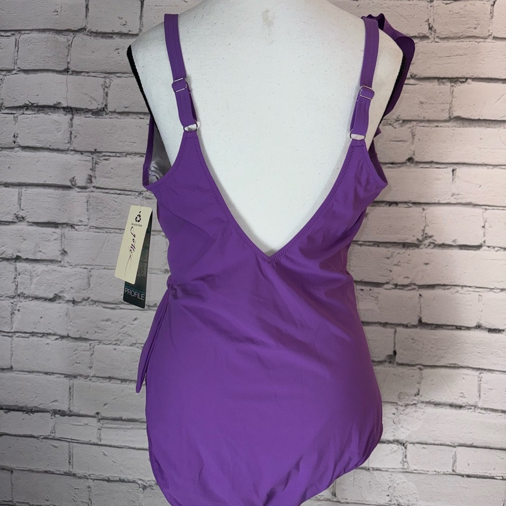 Profile By Gottex Purple Tutti Frutti V Neck Ruffle One Piece Swimsuit Size 16 - Picture 6 of 9